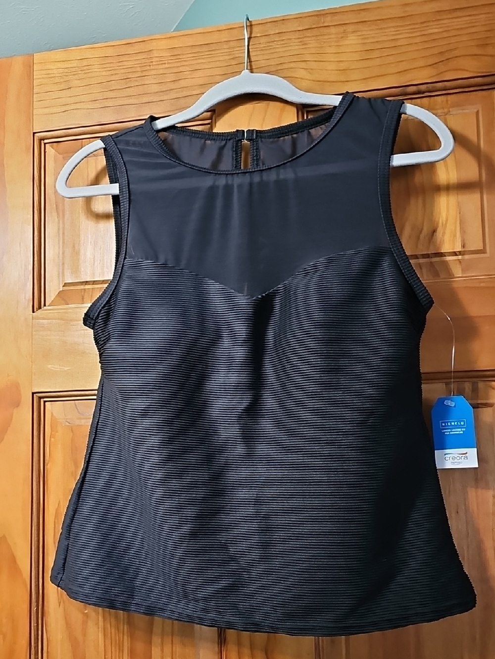 Womens, Lands End, Tankini Top With Sheer Mesh Yoke, Size 10, Black, NWTS